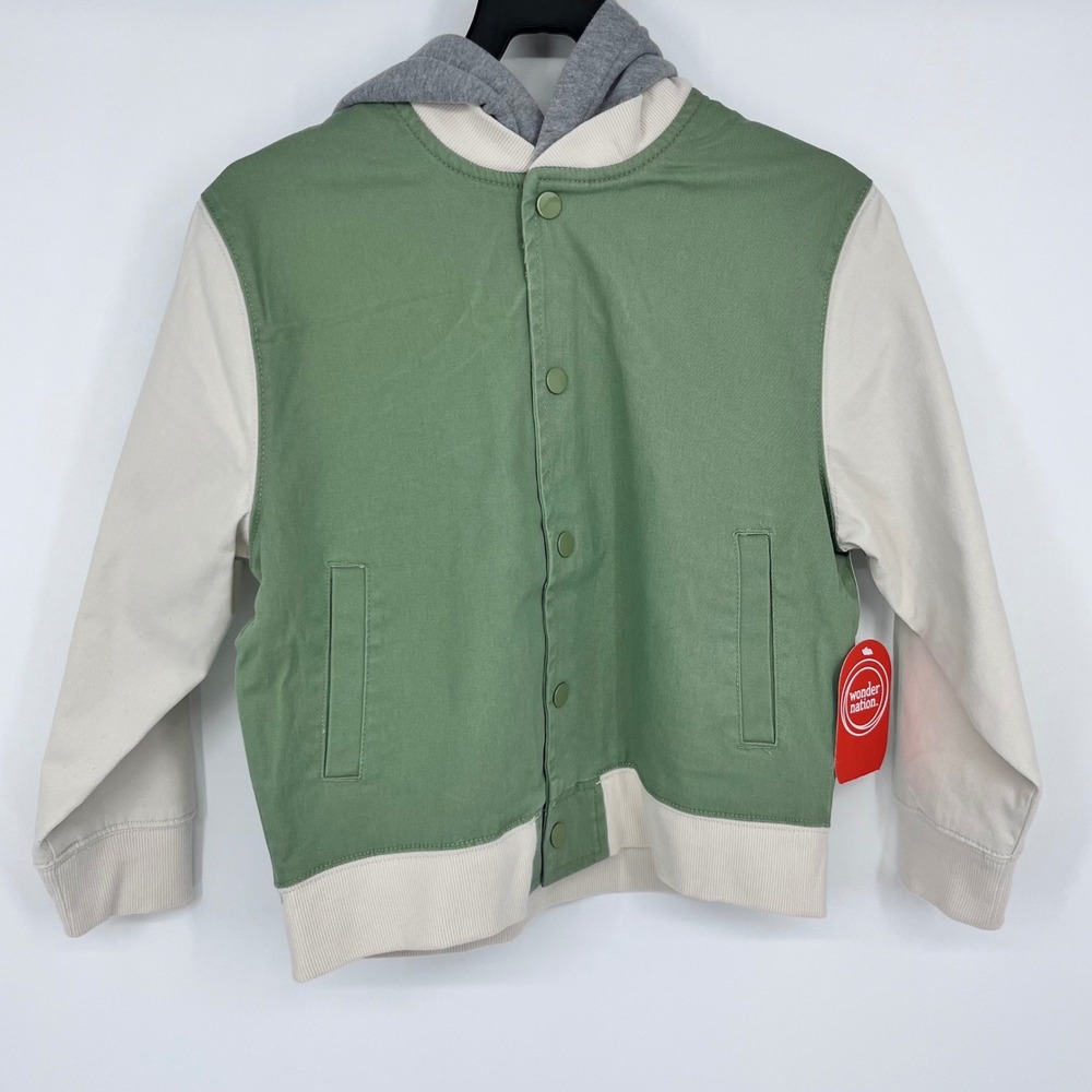 Wonder Nation Bomber Jacket‎ Kids Size 8 Green Dinosaur Hooded Varsity Letterman